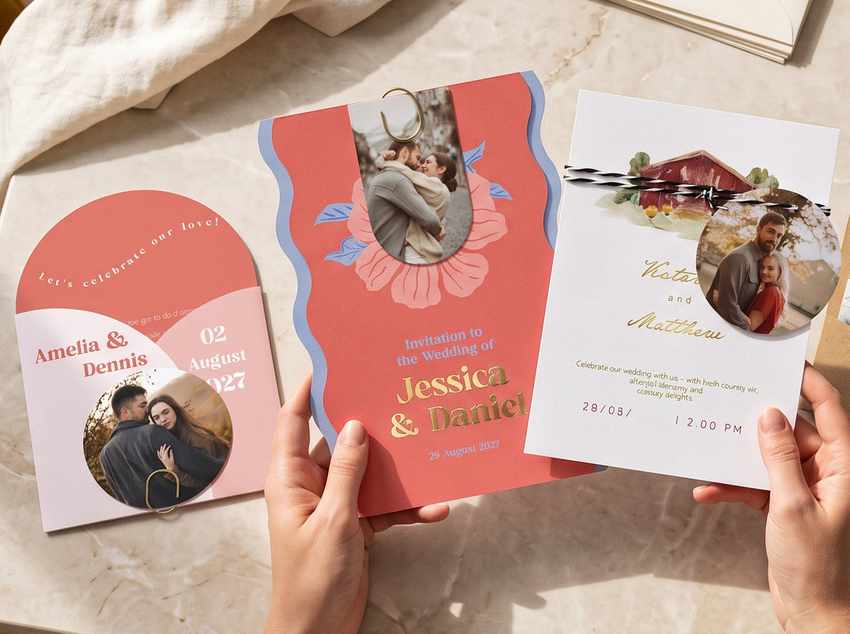 A top-down view of a person holding wedding invitation cards on a marble table, surrounded by matching envelopes, stationery, and a folded cream cloth. The invitation designs feature coral, white, kraft brown, and floral elements.