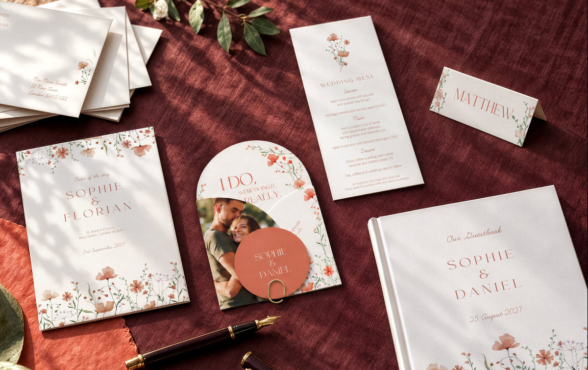 A coordinated stationery set arranged on a rust-red fabric surface, including a wedding invitation suite, a photo arch insert, a name card, a fountain pen, and a keepsake album. The stationery has white backgrounds with delicate floral illustrations in muted pink, peach, and green, plus rose-gold text.