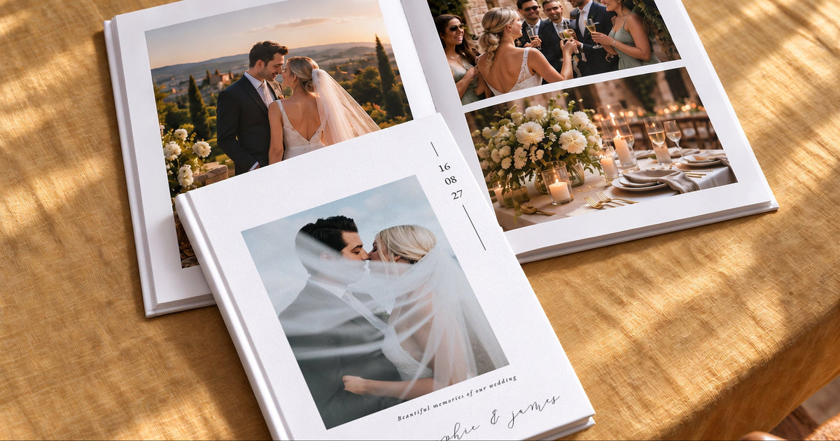 An open and closed wedding photo album with custom printed pages, displayed on a golden-yellow tablecloth under warm, dappled sunlight.