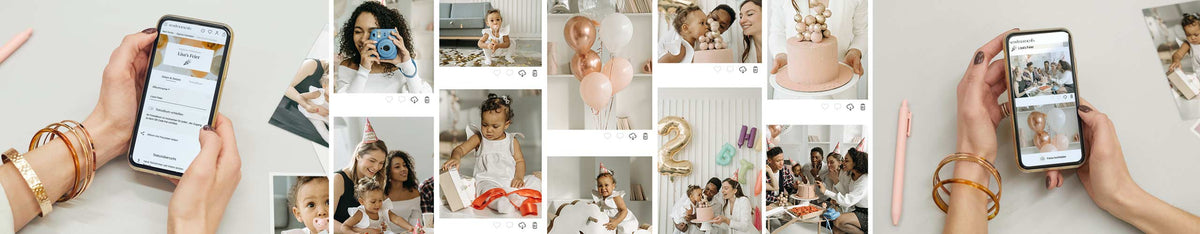 A sendmoments customer opening her digital photo album on a phone, showing pictures from her celebration
