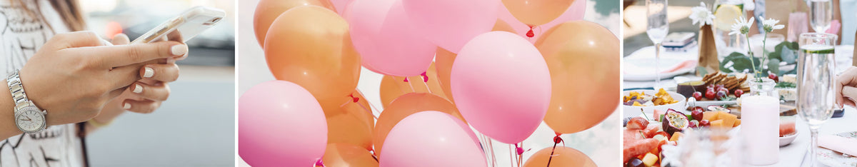 A guest replying on a phone, party balloons and a decorated celebration table