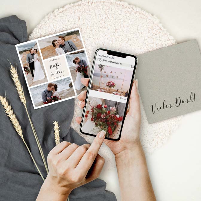 A woman scanning the QR code on a thank you card to reach the digital photo album
