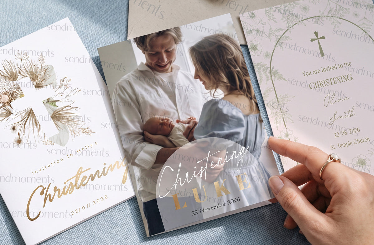 Three christening sample cards with a sendmoments watermark