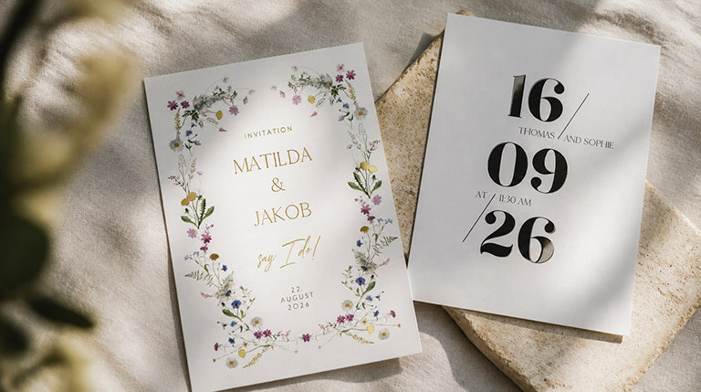 Two wedding invitation styles: a wildflower frame with gold lettering and a modern design with large date numerals
