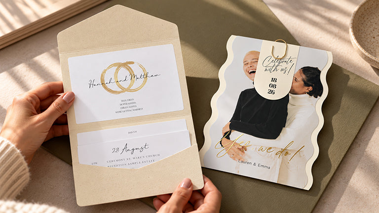 Kraft pocketfold invitation with an insert next to a wave-edged photo invitation with a hang tag