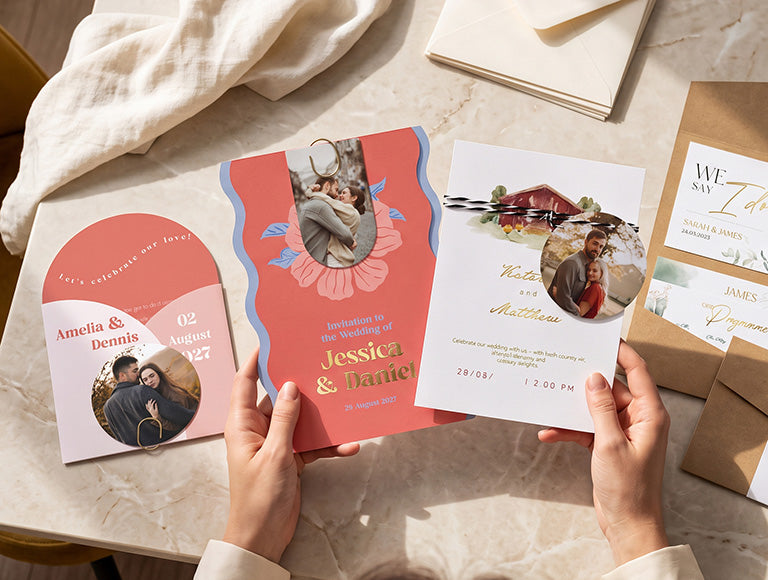 Hands holding a wave-edged photo wedding invitation with gold foil, surrounded by other photo invitation designs