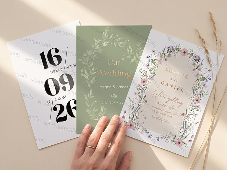 Three watermarked wedding sample cards in different designs, with a hand resting on the middle one