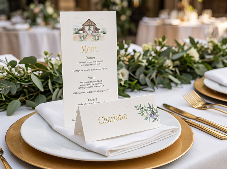 Place card reading Charlotte in gold foil, with a matching menu card, on a white plate with a gold charger