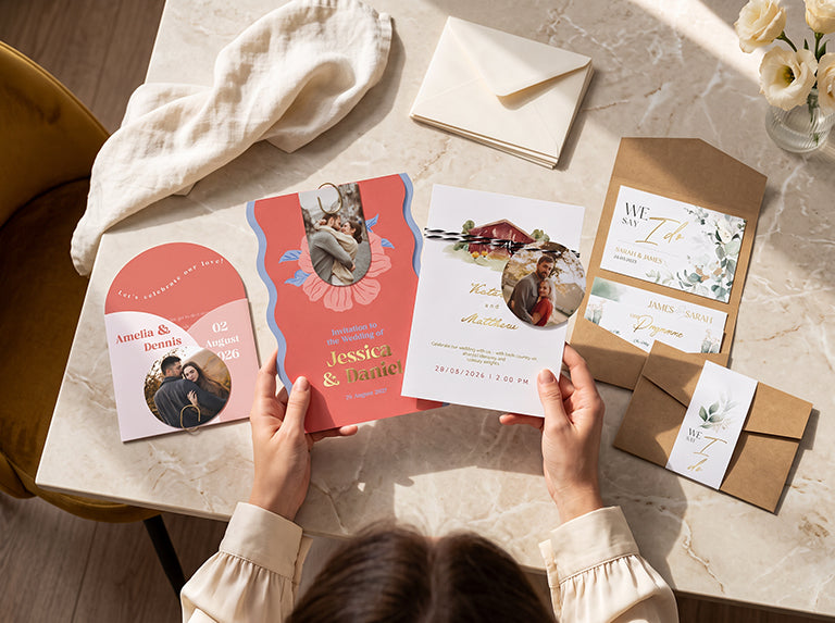 Wedding cards in different formats: an arched card, a wave-edged card with a hang tag and a kraft pocketfold