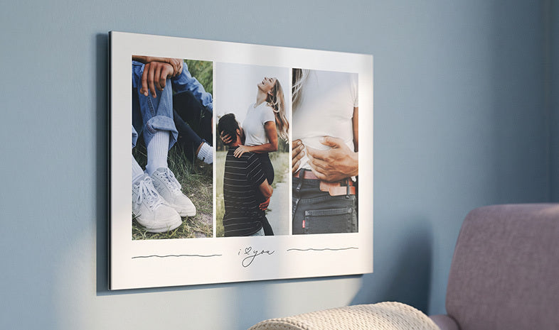 Three photos of a couple on aluminium Dibond with the words I love you
