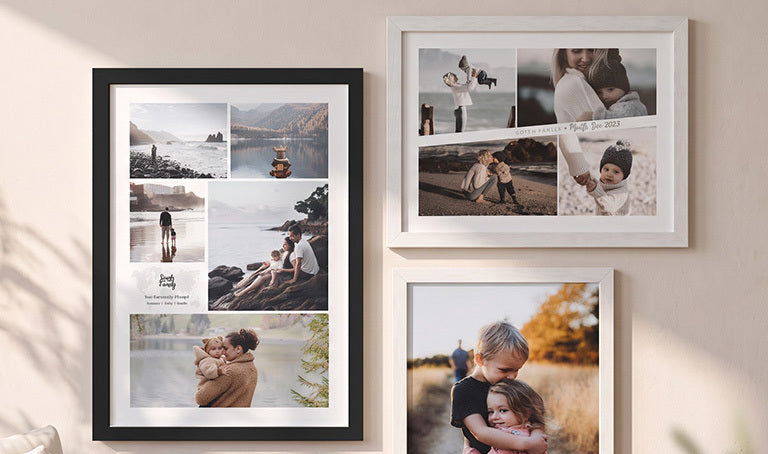 Three framed family photo collages on a light wall