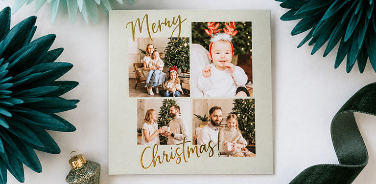 A square Christmas card with four family photos and Merry Christmas in gold foil
