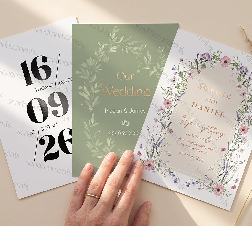 Paper samples from smooth fine paper to recycled paper next to a wedding card with a gold foil wreath