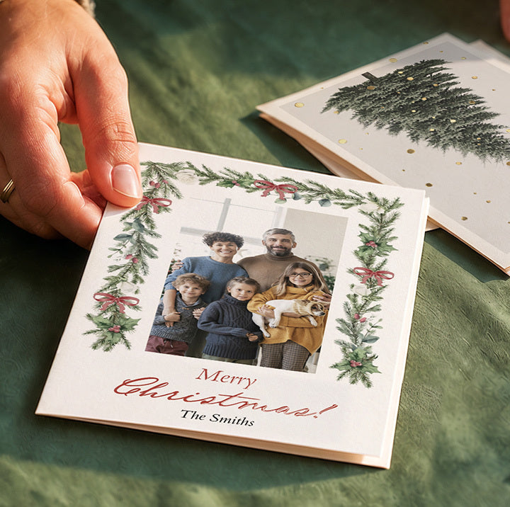 A personalised Christmas photo card with a family photo and a garland frame