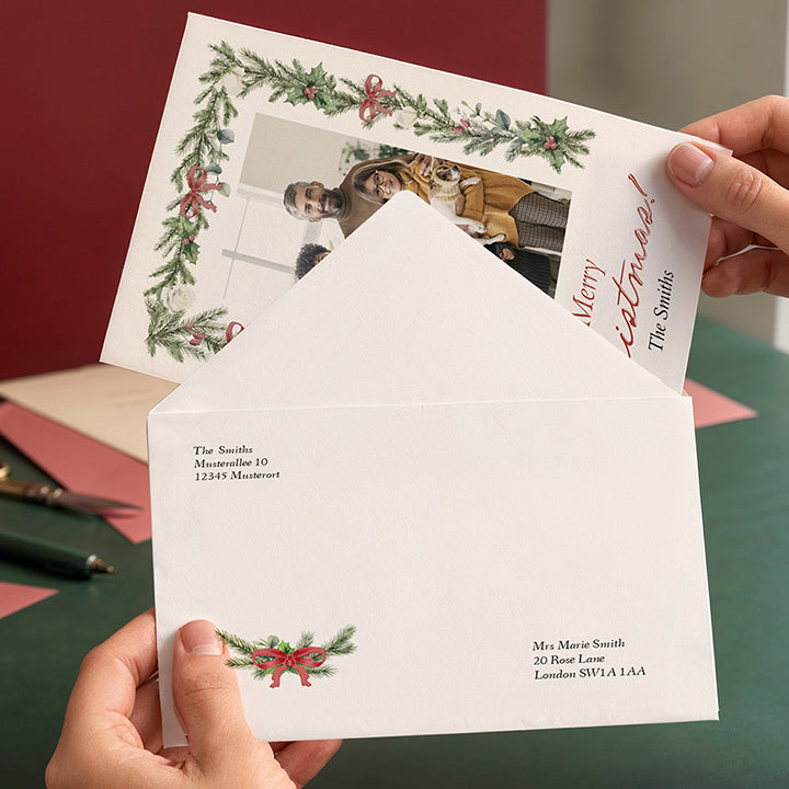 A Christmas card going into its matching printed envelope